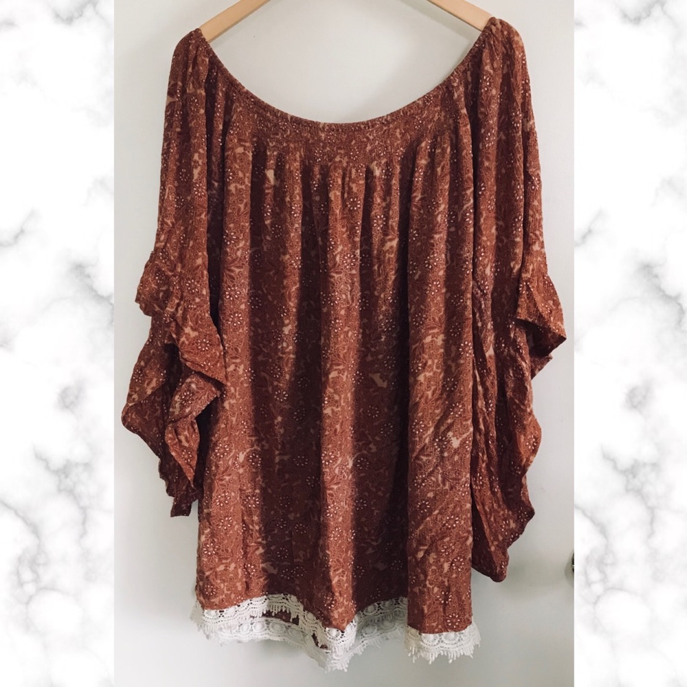 Boho Burnt Orange Bell Sleeve Lace Hem Tunic